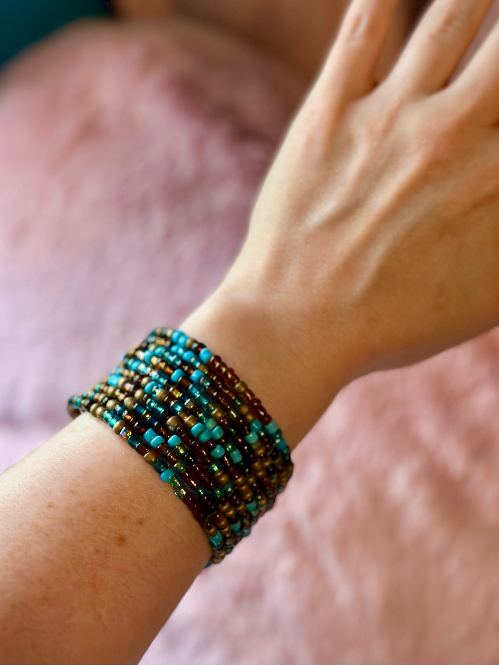 Turquoise Bronze and Brown Beaded Cuff Bracelet